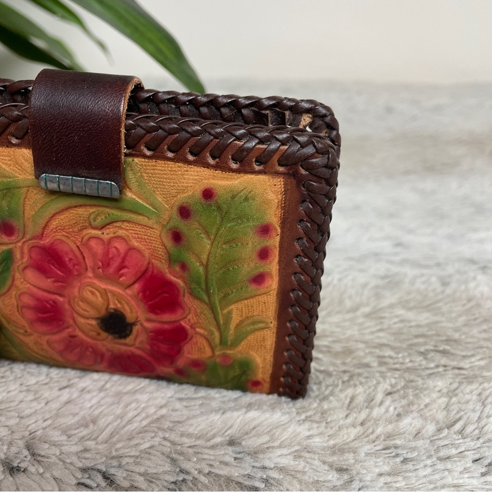 Hand Tooled Leather Floral Wallet Organizer Brown Western Boho Rose - Picture 6 of 8